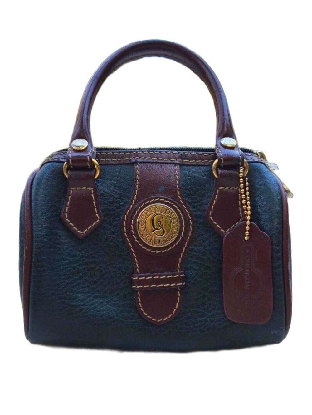 Vintage Chenson Collection Mini Satchel Handbag Dark Green Brown Leather Look